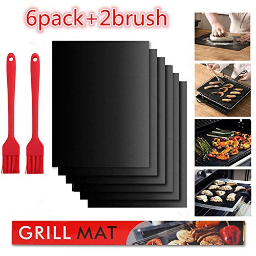 Esteras de barbacoa 40 * 33cm, 6 Piezas Láminas de Parrilla para Barbacoas, Grill Mats Antiadherentes con 2 Pinceles. Resistente al Calor y Reutilizable. Ideal para Horno, BBQ, Parrilla