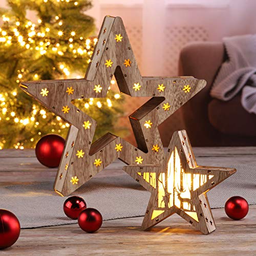 Estrella decorativa LED de madera en juego de 2 con 16 LED – 33,5 x 33,5 x 6 cm – Estrella de Navidad iluminada decoración de mesa ventana