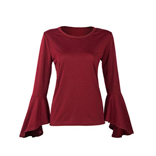 EverNight T para Mujer, Manga Larga De Color Sólido Mangas Ensanchadas Tops Cuello Redondo Ajuste Flojo Regulares Casual tee Shirts,Rojo,XL