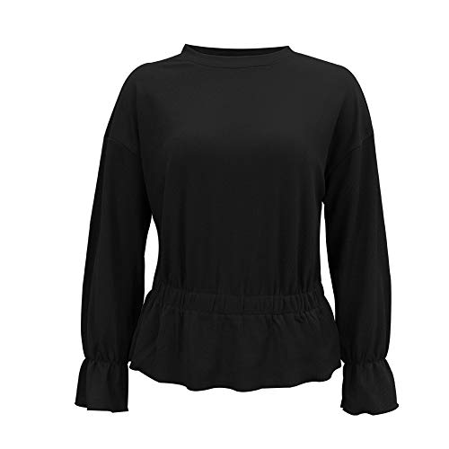 EverNight Tops Manga Larga para Mujer, Flojo Plisado Dobladillo De La Colmena Top Camisetas, con Estilo Y Elegante Suéter tee Shirts,Negro,XL