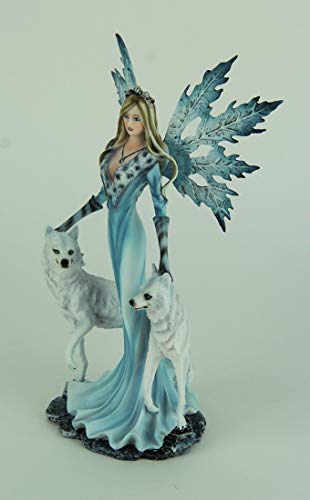 EVERSPRING - Estatua de Hada de Hielo Azul con Lobos Blancos de Invierno