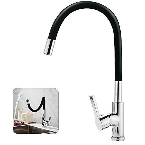 EXLECO Grifo de Cocina Fregadero Negro. Giratorio de 360° Adjustable Agua Caliente y Fría Flexible Grifo Cromo Grifo monomando para Fregaderos de Cocina(Chorro de Agua Individual)