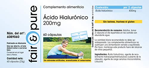 Fair & pure 6089060 - 60 Cápsulas de 200 mg de Ácido hialurónico (vegano, libre de estearato de magnesio, dióxido de silicio, aditivos y conservantes)