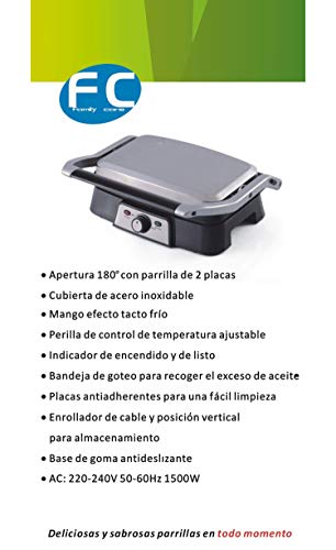 Family Care Parrilla Eléctrica 1500W, Revestimiento de Piedra de Máxima Antiadherencia, Fácil Limpieza, Apertura de 180º y Placa Superior Flotante, Acero Inoxidable. Superficie de Cocción 31x26,4cm