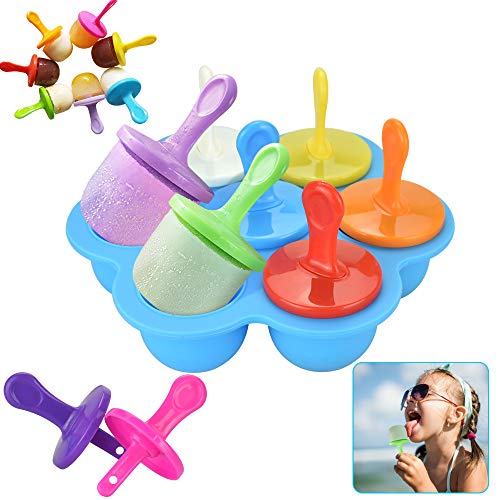 FAVENGO Moldes de Silicon para Helados de Paletas (7 Cavidades) Moldes Paletas Mini Colores Moldes Helados Bebe Silicona Moldes para Helados Palito Ideal Helados Caseros + 9 x Palos + 9 x Tapas