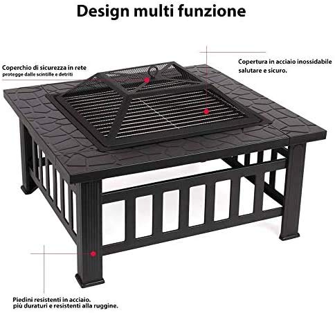 Femor Brasero Exterior, Mesa Brasero, Brasero de Acero Inoxidable para Exteriores, Brasero para Jardín 81 cm, Mesa Cuadrada Estable de 12,5 kg para Decoración de Jardín, Cubo de Hielo