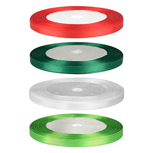 FEPITO 4 Rollos 6 mm Cinta de raso Blanco y verde Cinta de Navidad Juego de cintas (25 yardas / rollo x 4 rollos)