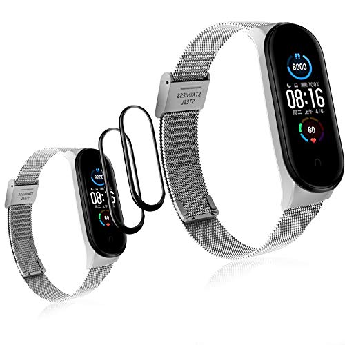 Ferilinso Correas Metal para Xiaomi Mi Band 5 + 2 Piezas Protector Pantalla, Pulsera Pulseras de Actividad Reloj Wristband Repuesto Bandas de Acero Inoxidable Agradable con Cierre-Plata