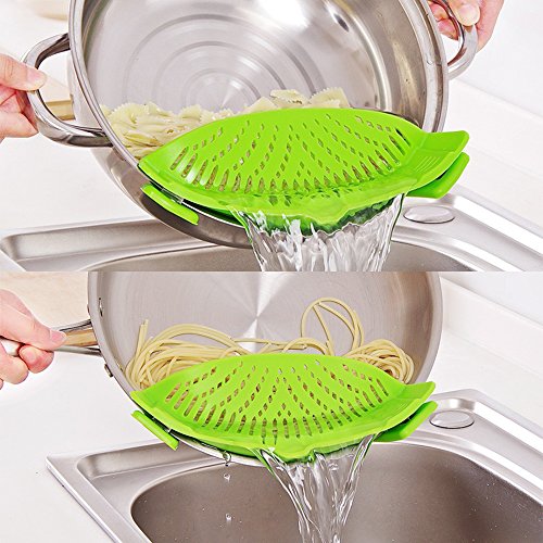 FineGood Colador de Silicona Snap con 2 embudos Plegables, Colgante a Prueba de Calor con Clip de Manos Libres Tazón de la Olla Pan - Verde