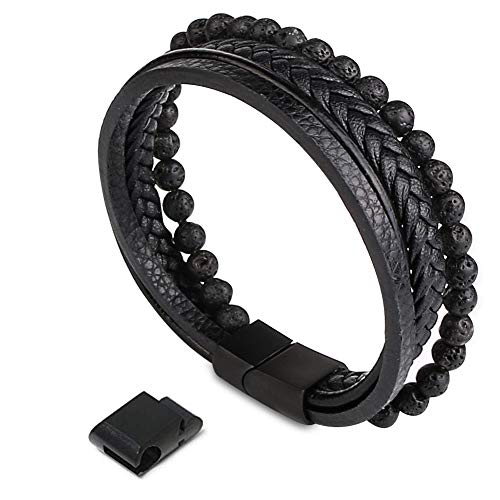 flintronic® Pulsera Hombre, Pulsera de Piedra Natural, Cuero Brazalete Trenzado Cruzada, Pulsera Cuero Trenzado Hombre, Acero Pulsera Trenzada con Cierre Magnética Inoxidable