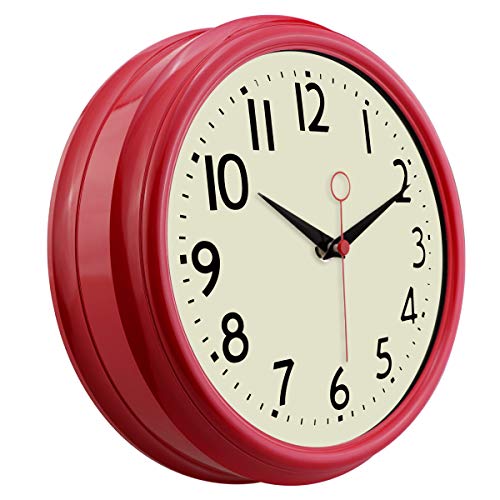 Foxtop Retro Silencioso Grandes Decorativos Cuarzo Redondo Reloj de Pared sin Tic Tac para Cocina Dormitorio, Ø: 23 cm, Rojo