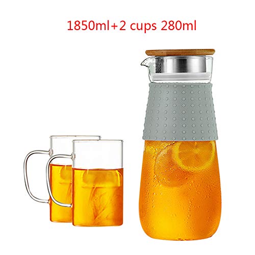 Garrafa de cristal, 1.8L Pitcher Jarro, vidrio resistente al calor Caldera Conjunto, de gran capacidad, jugo de botella del envase, por agua, leche, jugo, té helado, vino,A pot and two glasses