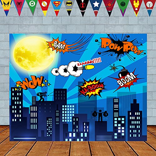 General Electric Superhero Birthday Photo Backdrop 7 x 5ft Cityscape Cartoon Supercity Backdrops Superhero Party Supplies Decoraciones - Decoraciones de Pared de superhéroes para niños o niñas