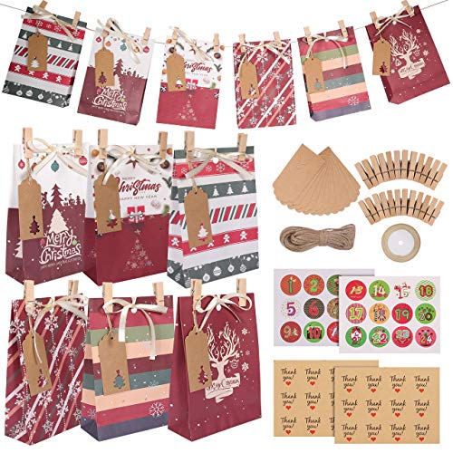 GIKPAL 24 Bolsas de Regalo para Navidad, Bolsas de Papel Kraft con Pegatinas y Etiquetas, Calendario de Adviento para Caramelos Galletas Bombones, 22x15x6 cm