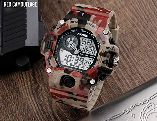 GSCCC Cara Grande al Aire Libre del Reloj del Deporte LED de Doble Pantalla electrónica de los Hombres del Reloj Multifuncional por Masculino, Impermeable WatchGMT Hora Dual Red Camouflage