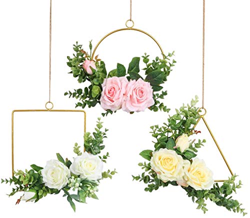 Guirnalda Pauwer Conjunto de 3 Guirnaldas Florales de Rosas Hechas a Mano con eucalipto Anillos de Metal Dorado Guirnalda de Aros Florales para el hogar, Fiestas, Puertas, Bodas