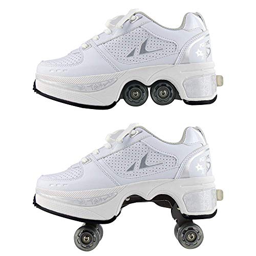 GUOXY Patines en línea, Quad Patín de ruedas Botas 2-en-1 Multi-Purpose zapatos, para los niños ajustable patines en línea unisex de los niños que andan en monopatín Zapatos,Blanco,40 / UK7