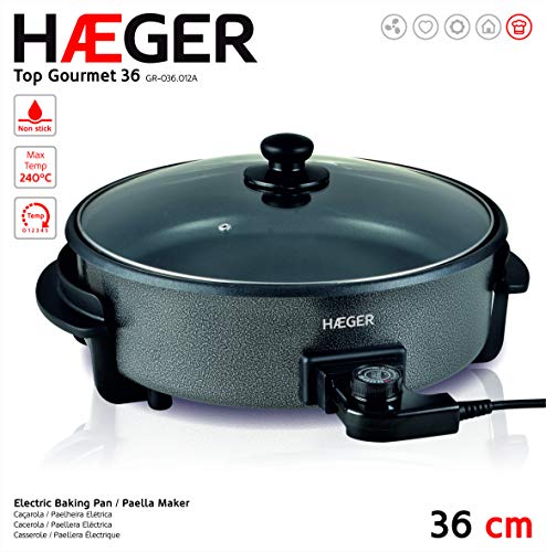 HAEGER Top Gourmet 36 - Paellera, Sartén Eléctrica para Paella y Pizza, Cazuela Multiusos con Tapa de Vidrio, 5 Niveles con termostato y Antiadherente (1500W)