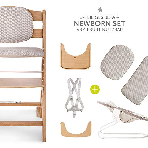 Hauck Beta Plus Newborn Set - Trona evolutiva con hamaca para recién nacidos, cojín y bandeja - Trona bebe convertible- Silla Trona Madera haya - color Nature/Beige