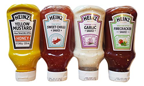 Heinz - Juego de salsas, petardo mexicano, salsa de ajo estilo turco, chile dulce, mostaza amarilla miel y mostaza. Selección de tamaño práctico 4 botellas de 220 ml para darle vida a tu mesa.