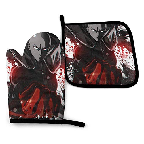 hgdfhfgd Juego de Mitones y Soportes para ollas Anime One Punch Man, Colgantes, Antideslizantes, Resistentes al Calor, Juego de 2 Piezas para Cocina, Barbacoa, Cocina, Hornear, Parrilla, Lavable