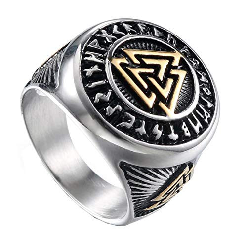 HIJONES Valknut Nórdico Vikingo Odin Anillo de Símbolo para Hombre Acero Inoxidable Guerrero Motorista Plata Tamaño 17