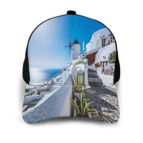 Hip Hop Sun Hat Baseball Cap,Ancient Oia Village In Santorini Island Greece with Aegean Sea Scenery Image,For Men&Women