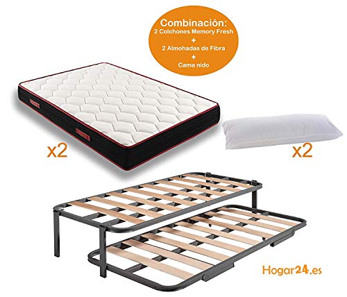 HOGAR24 Cama Nido con Patas + 2 Colchones Viscoelásticos Reversible Memory Fresh 3D + 2 Almohadas de Fibra, 105x190 cm