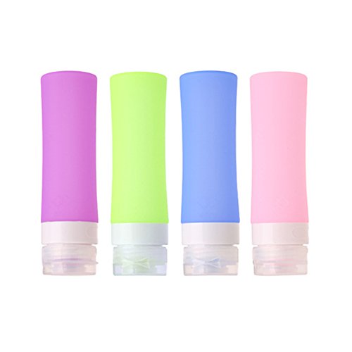 HoJoor Botellas de Viaje de Silicona, FDA Certified 100% BPA Gratis Recipientes rellenables portátiles a Prueba de Fugas para champú, Acondicionador,Loción, artículos de tocador(4 Unidades) -80ml