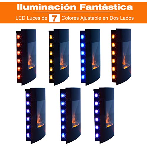 HOMCOM Chimenea Eléctrica Tipo Estufa de Pared con Efecto Llamas Atmosféricas y Luz LED de 7 Colores con Mando A Distancia 1000W/2000W 89,2x13,5x48cm