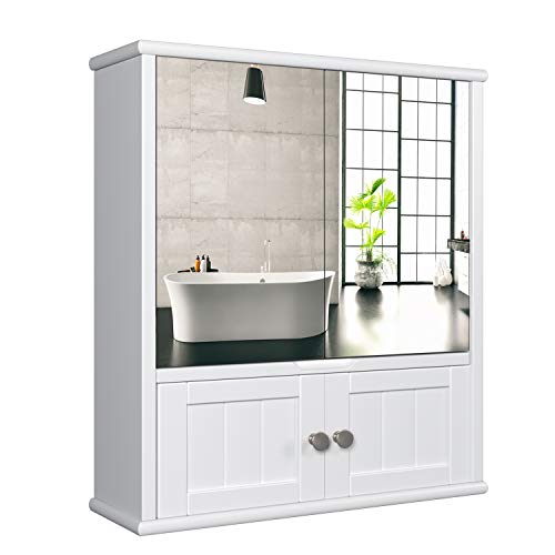 HOMECHO Armario de Baño con Espejo Armario de Pared de Gran Capacidad de Almacenamiento para Baño Cocina Medicina de MDF Blanco 55 x 17.5 x 60 cm