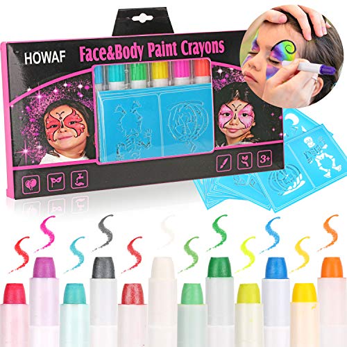 HOWAF 12 Colores Pinturas Faciales y Corporales, Lapices Faciales - Kit de Decoración de Halloween, Cosplay de Maquillaje Navidad y Fiestas - No Tóxico, Adecuado para Embarazadas y Niños