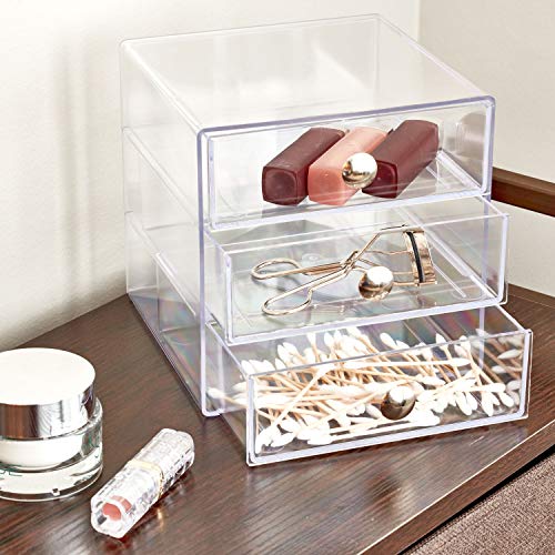 iDesign Organizador de maquillaje con 3 cajones, compacta minicómoda de plástico, mini cajonera cuadrada para productos de belleza y cosméticos, transparente