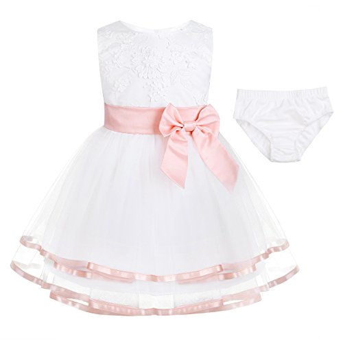 iiniim Vestido de Bautizo Bebé Niña Recién Nacido Vestido Blanco Brodado de Bautizo Boda Princesa Tutú Bowknot Traje de Bautizo Fiesta Ceremonia Conjunto con Bragas 0-24 Meses Rosa 12-18 Meses