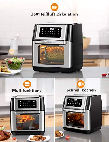 Innsky IS-AF002 - Mini horno de aire caliente (10 L, 1500 W, 10 en 1, con pantalla digital LED, deshidratador de frutas, barbacoa, 6 accesorios y libro de recetas, acero inoxidable 18/8)