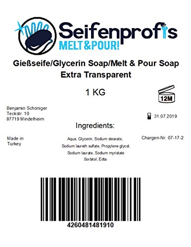 Jabón base de glicerina, transparente (libre de SLS) (1kg transparente)