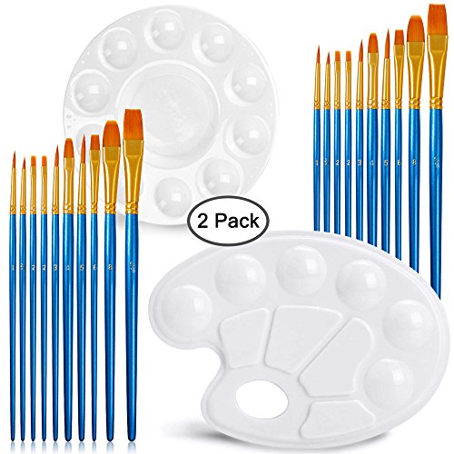 Juego de 20 pinceles para pintar con 2 piezas de paletas de pintura en bandeja, forma redonda y elíptica, FineGood Pincel de punta redonda para pintar para niños, para principiantes - Marrón