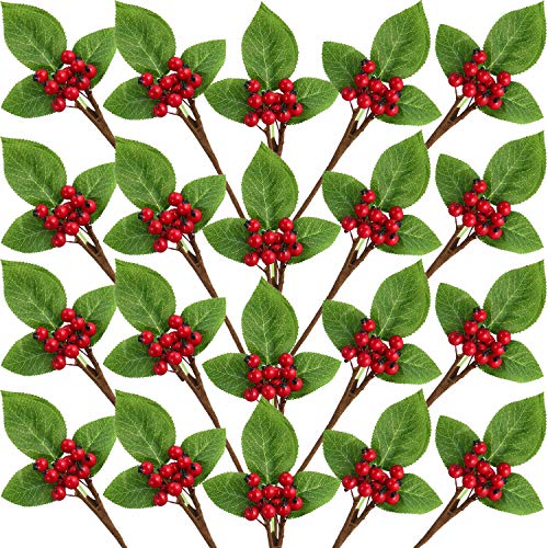 Juego de 20 Tallos de Ramita de Bayas Rojas de Navidad con Hojas Verdes Flores Artificiales Bayas de Invierno Manojo de Arándanos Falsos