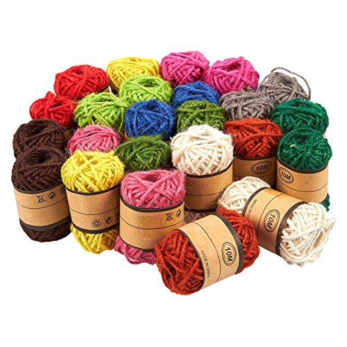 Juego de 24 rollos de cordel de yute – Cuerda de cordel natural, cuerda de yute, cuerda de cordel para manualidades, bricolaje, decoración, adornos, colores surtidos – 10 metros por rollo