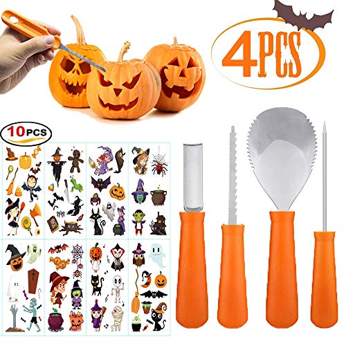 Juego de útiles para tallar Calabazas, 4 Piezas Kit de Talla de Calabaza Premium para Halloween - Talla de Calabaza de Halloween Luz de Calabaza DIY, Juego de Herramientas de Acero Inoxidable + Mango