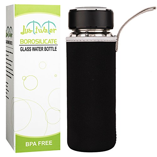 Justfwater Deportes Botella de Cristal de Vidrio con Infusor de Frutas,Con Filtro Colador para Té, con Funda, Jarra de Café