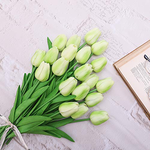 JUSTOYOU 20 Piezas Real Touch Artificial Látex Tulipanes Flores Tulipanes Falsos Flores Ramos de Boda para Boda Hogar Jardín Decoración Verde Claro