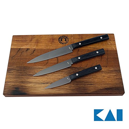 Kai Michel Bras Quotidien BK-0026 - Juego de 3 cuchillos multiusos muy afilados BK-0025, cuchillo grande BK-0027, tabla grande de madera de roble (roble) 35 x 25 cm