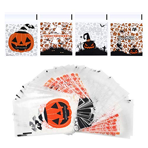 KATOOM 400 Bolsas de Dulces Autoadhesivas para Halloween, celofán, plástico Transparente, Truco o Trato, Calabaza, Fantasma, Galleta, Bolsa de Regalo para Dulces de Halloween,decoración para Fiestas