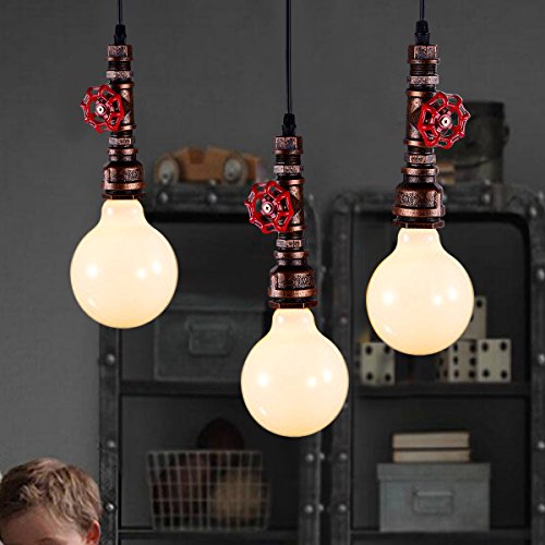 KAWELL Industrial Vintage Lámpara Colgante Luz de Tubo de Agua Lampara de Techo Retro Luz Pendiente E27 Base Hierro para Cafe, Loft, Bar, Restaurante, Estudio, Cocina, Dormitorio, Rust Color