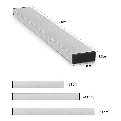 Kinlo - Soporte magnético para cuchillos (30/40/50 cm, montaje en pared, sin agujeros, acero inoxidable cepillado, extrafuerte, para cocina, oficina, taller), acero inoxidable, plata, 31x1,5x4CM