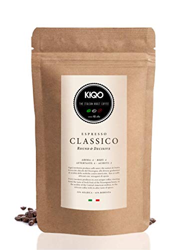 KIQO Classico 500g Espresso | excelente café tostado premium de Italia | tostado suave en lotes pequeños | relativamente bajo en ácido y digerible | 35% Arábica y 65% Robusta (grano de café, 500g)