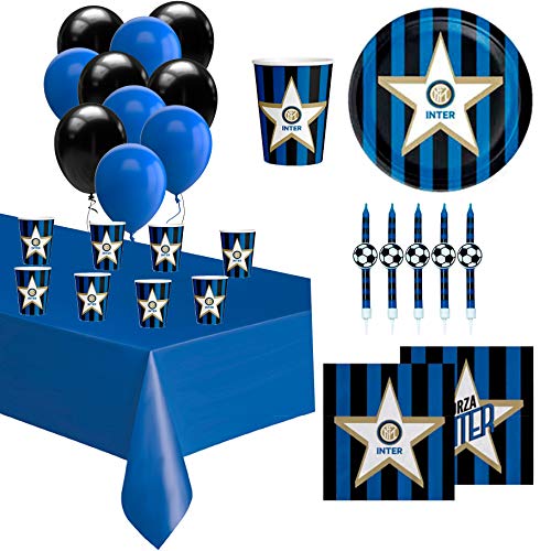 Kit de mesa Inter con vela para tarta y globos, platos, vasos, servilletas y mantel