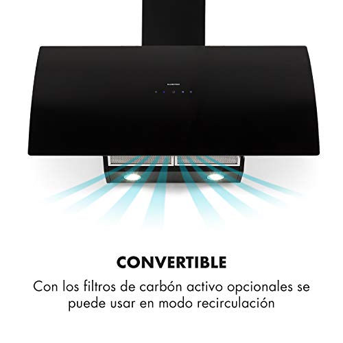 Klarstein Annabelle 90 Campana extractora - Extractor de humos de pared, Absorción y ventilación, Rendimiento de 650 m³/h, 230 W, Iluminación LED, Acero inoxidable, Panel táctil, Negro