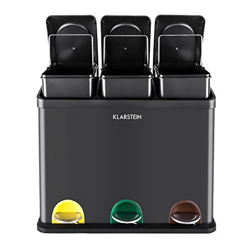 Klarstein Ökosystem Cubos de basura para reciclaje 45L (3 basureros de 15 litros,mecanismo de pedal, identificación por colores) - negro